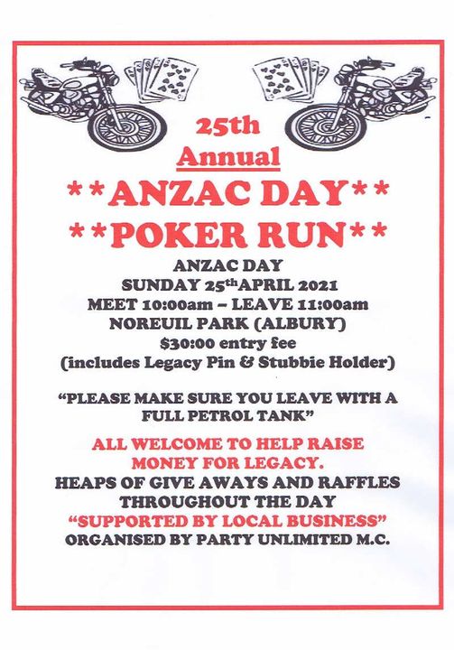 2021 Anzac Day Poker Run Poster